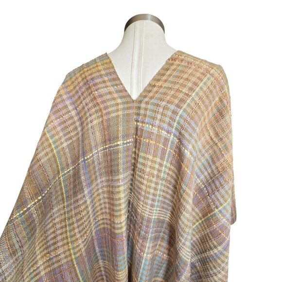 Laise Adzer Handwoven Plaid Cape Shawl Pastel Tan Multicolor Ribbon CM2057 - Picture 3 of 11